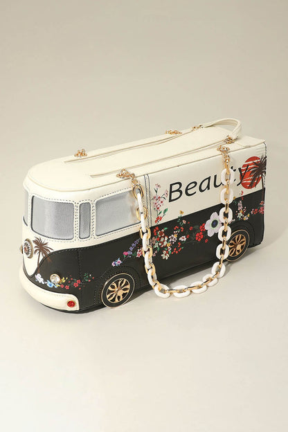 Faux Leather Floral Beauty Bus Chain Strap Bag