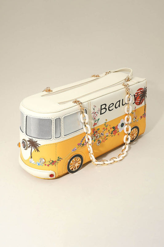 Faux Leather Floral Beauty Bus Chain Strap Bag