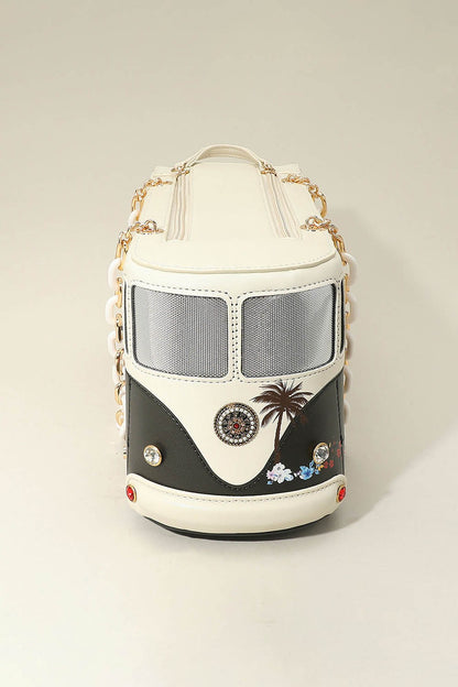 Faux Leather Floral Beauty Bus Chain Strap Bag