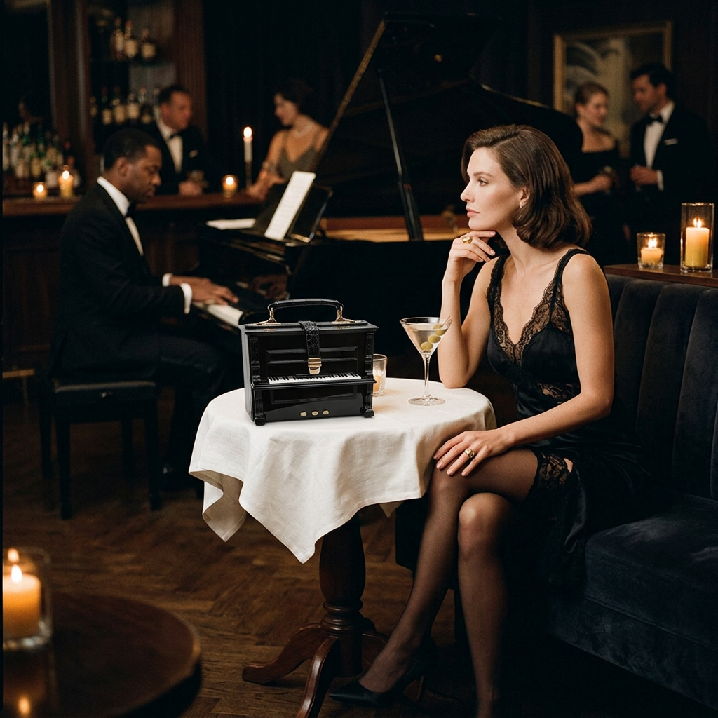 A woman in a black lace dress sits at a table in a dimly lit bar or lounge, with a small black briefcase on the table in front of her. A man in a tuxedo plays the piano in the background, and candles and other patrons are visible around the room.