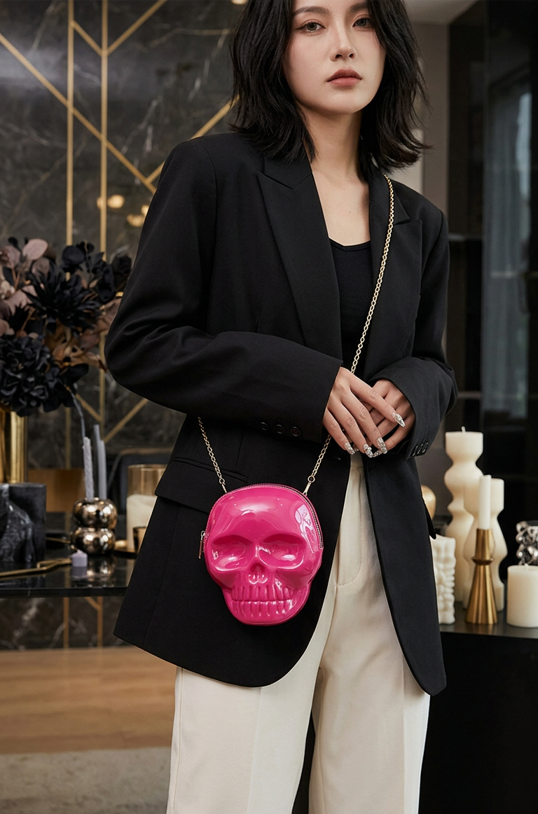 A woman wearing a black blazer and cream pants carries a bright pink skull-shaped shoulder bag with a gold chain strap in an elegant indoor setting.