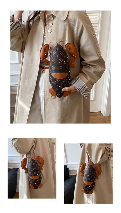 A beige trench coat worn by a model, featuring a large lobster-shaped patch made of dark brown patterned fabric with orange-brown claws, shown in a three-panel collage.
