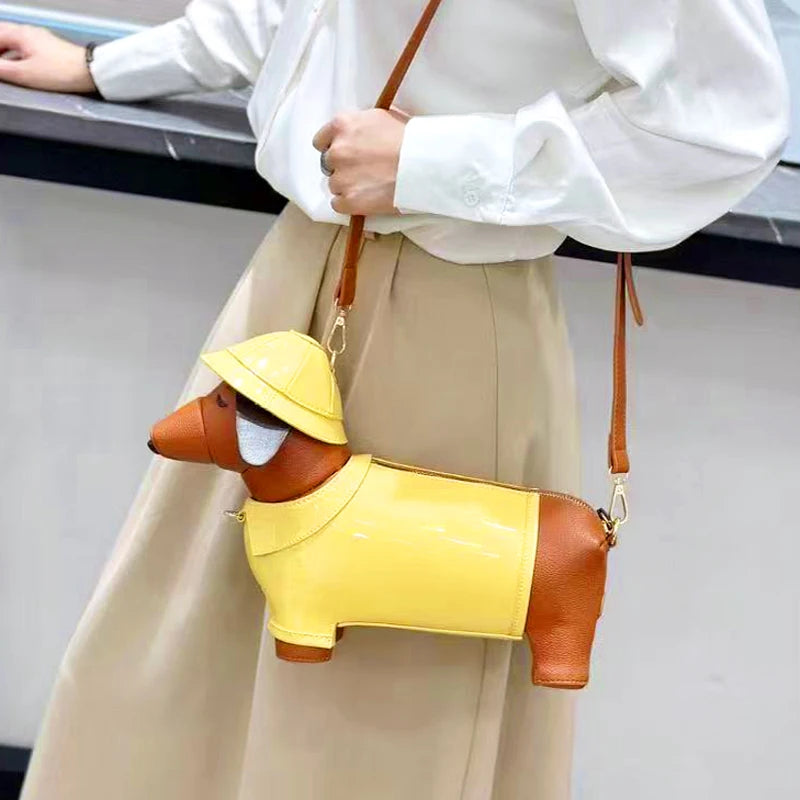 Women's Cute Dog-Shaped Leather Crossbody Bag, Designer Shoulder Purse, Evening & Party Handbag