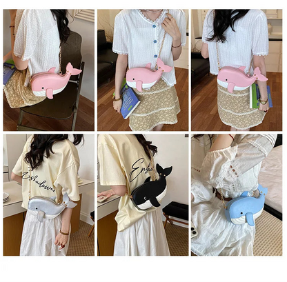 A 6-panel collage showing a whale-shaped crossbody bag worn by multiple models in different outfits. The bag appears in several color variants including pink, light blue, black, and light gray, each with a small whale detail on the front.