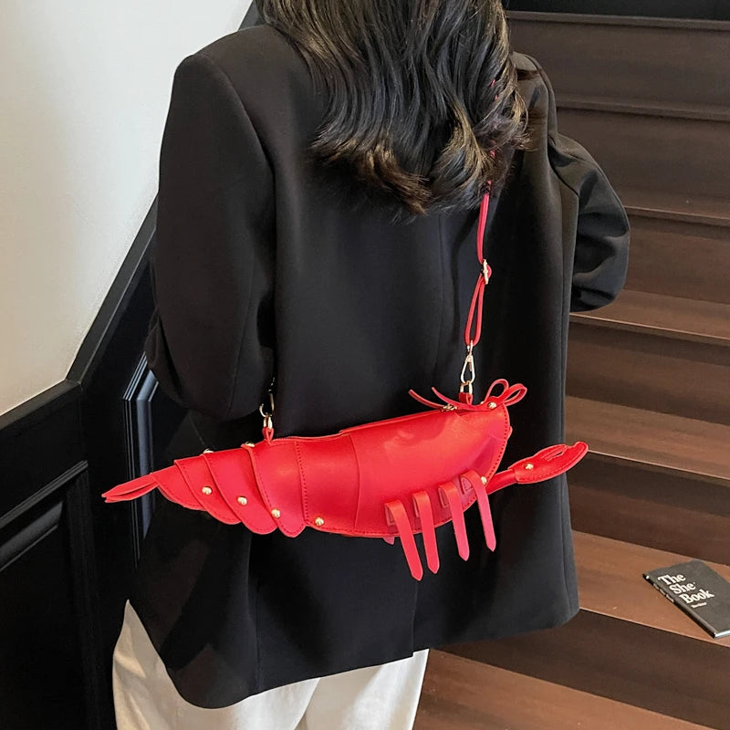 Lobster-Shaped PU Leather Crossbody Bag, Solid Color Rivet Shoulder Bag, Stylish Zipper Handbag for Work & Everyday Use