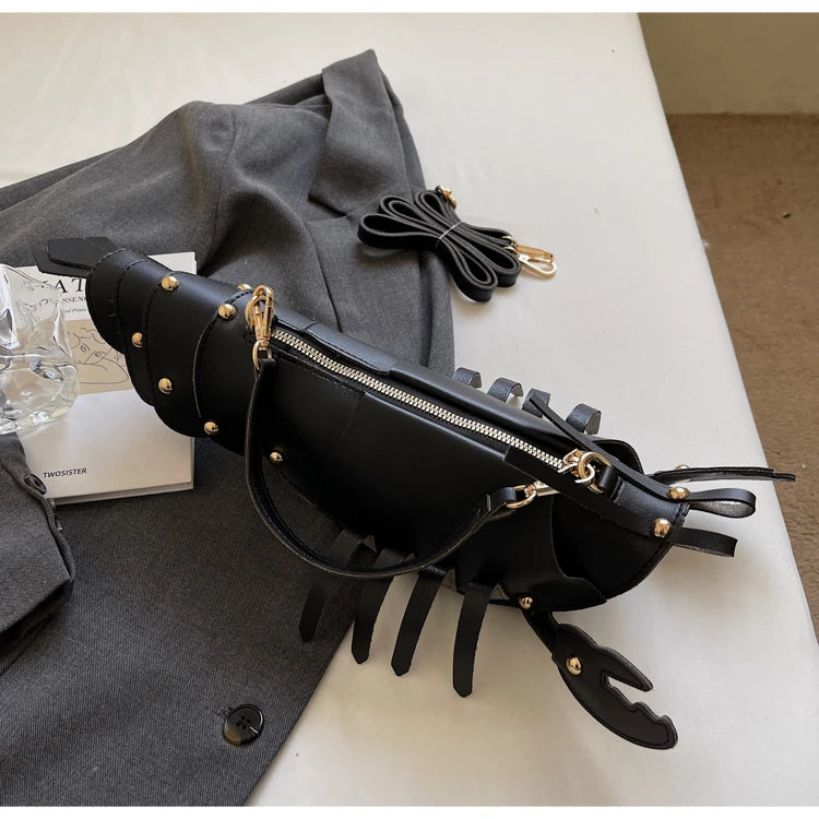 Lobster-Shaped PU Leather Crossbody Bag, Solid Color Rivet Shoulder Bag, Stylish Zipper Handbag for Work & Everyday Use