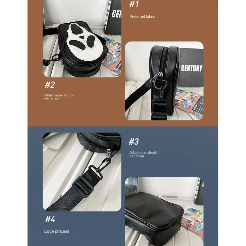 A four-panel product feature graphic for a black zippered bag with a white and black face motif on the front. The panels show close-ups of the detachable shoulder strap, the fabric texture, the adjustable strap hardware, and the edge construction, with text labels '#1' through '#4' and small inset photos of the bag in use.