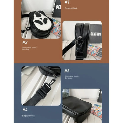 A four-panel product feature graphic for a black zippered bag with a white and black face motif on the front. The panels show close-ups of the detachable shoulder strap, the fabric texture, the adjustable strap hardware, and the edge construction, with text labels '#1' through '#4' and small inset photos of the bag in use.