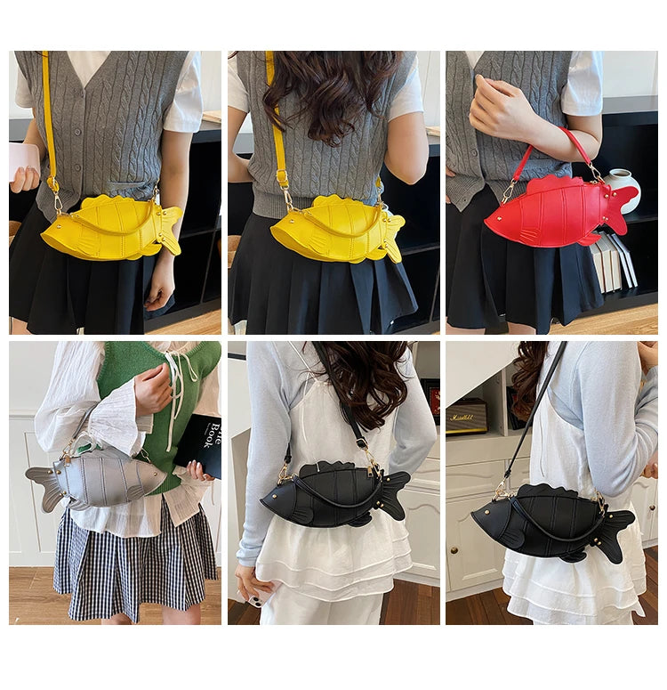 A 3x2 collage showing a fish-shaped crossbody bag worn by a model from the back, displaying three color options: yellow, red, and black. 