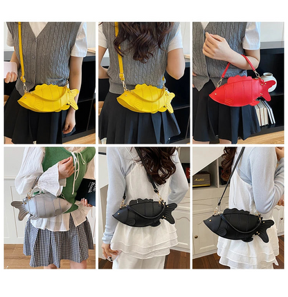 A 3x2 collage showing a fish-shaped crossbody bag worn by a model from the back, displaying three color options: yellow, red, and black. 