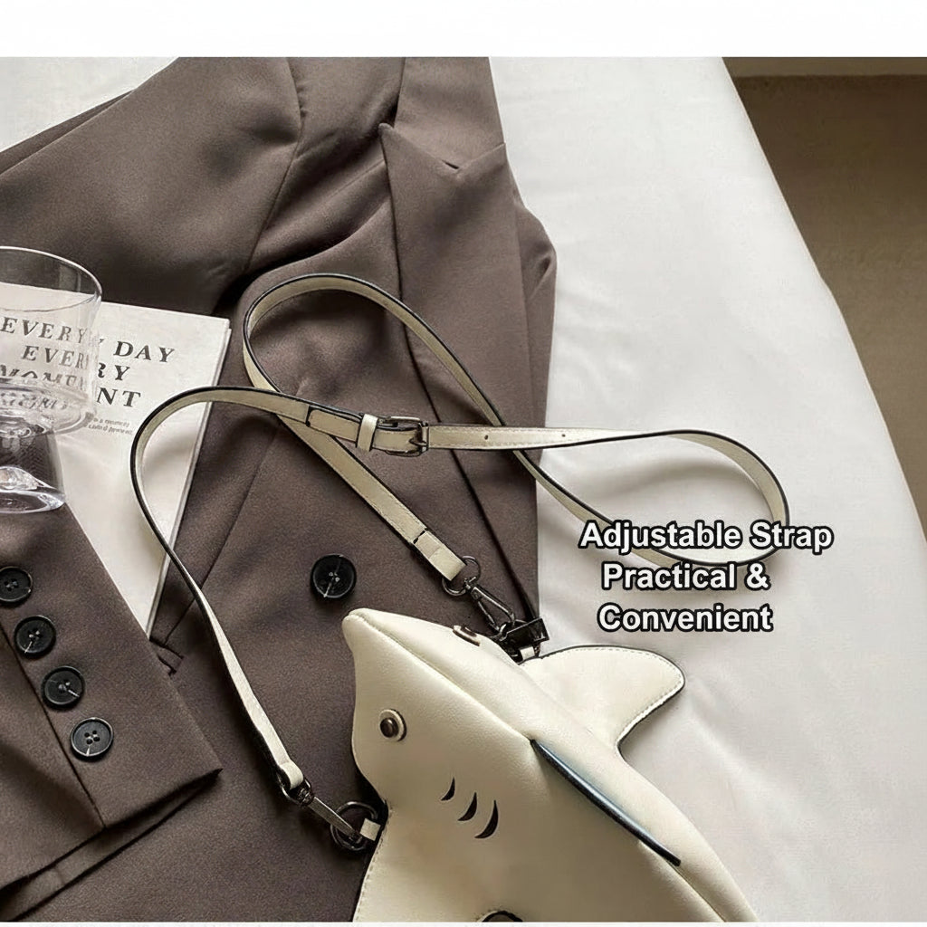 A cream-colored shark-shaped shoulder bag with a silver metal eyelet and black mouth details, styled on top of a brown blazer with a white fabric background. A glass and a book are partially visible on the left.