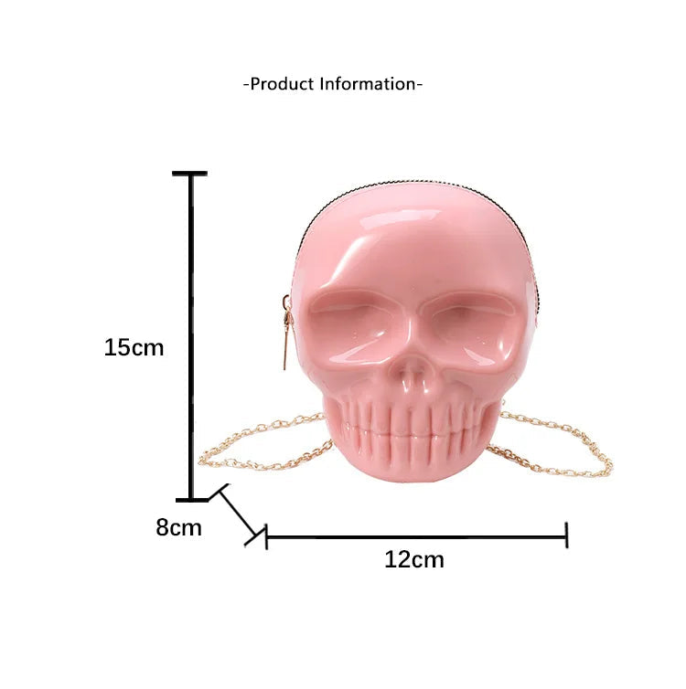 A pink skull-shaped shoulder bag with a gold chain strap, shown with dimension lines indicating 15 cm height, 12 cm width, and 8 cm depth, plus product information text below on a white and gray layout.