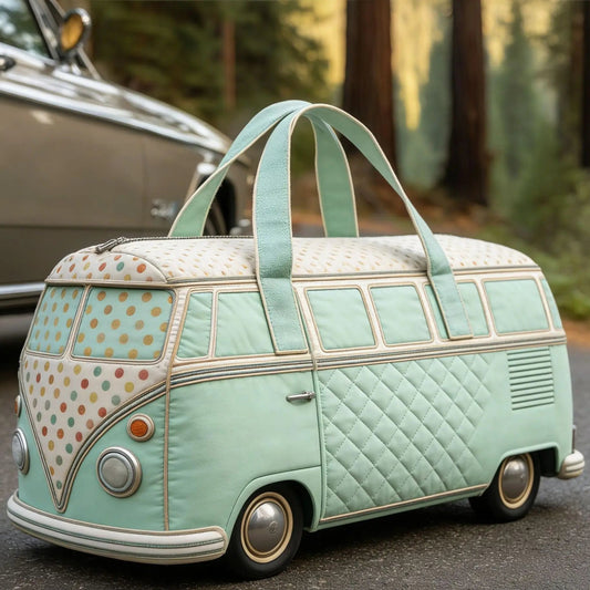 A quilted fabric tote bag shaped like a retro Volkswagen Type II van, featuring mint green body panels, a cream and multicolor polka-dot front panel, and dual top handles, shown outdoors on a street with a blurred car and trees in the background.