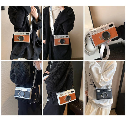 A 2x3 collage showing a person wearing and carrying a small retro-style camera bag in different outfits. The bag has a white body with orange, black, and silver details, and a shoulder strap.