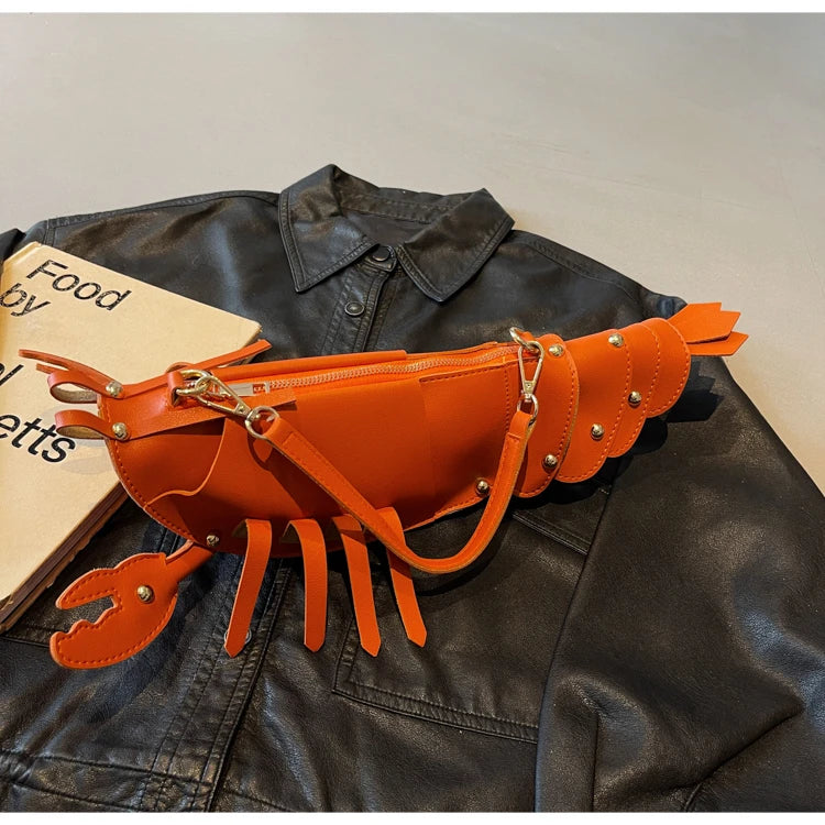 Lobster-Shaped PU Leather Crossbody Bag, Solid Color Rivet Shoulder Bag, Stylish Zipper Handbag for Work & Everyday Use