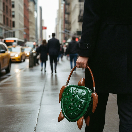 A person in a black coat walks down a city street carrying a green turtle-shaped handbag with brown handles and legs.