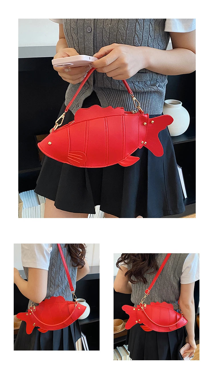 A red fish-shaped shoulder bag with a red strap, shown being carried by a person in a gray knit vest and black skirt. The main panel shows the front view while being held, and two smaller side panels show the bag worn across the body.
