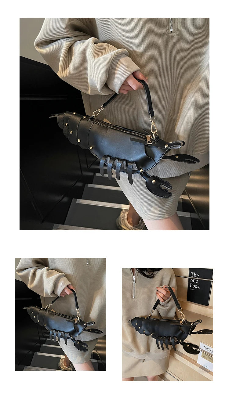 Lobster-Shaped PU Leather Crossbody Bag, Solid Color Rivet Shoulder Bag, Stylish Zipper Handbag for Work & Everyday Use