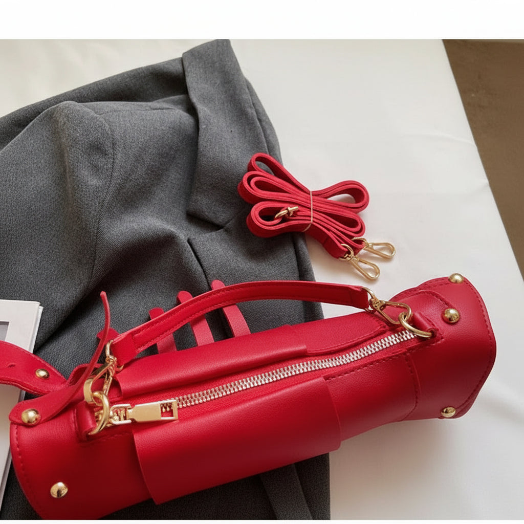 Red handbag with gold accents on a gray fabric background