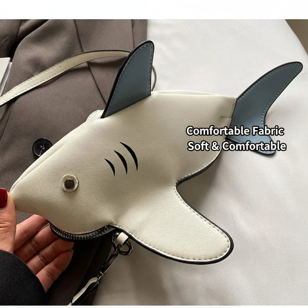 A shark-shaped crossbody bag in off-white faux leather with dark gray accents, held by a hand against a background of a gray blazer and white fabric. Chinese text is overlaid on the right side.