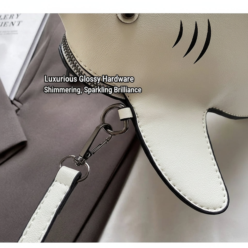 Close-up of a white faux-leather handbag strap with black trim and silver-tone hardware, laid over a gray fabric surface. Chinese text is overlaid near the top left.