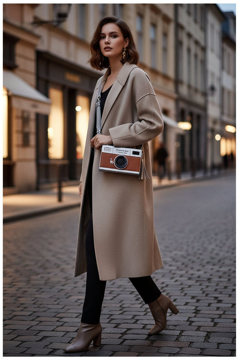 Person wearing a vintage camera-shaped bag on a plain background
