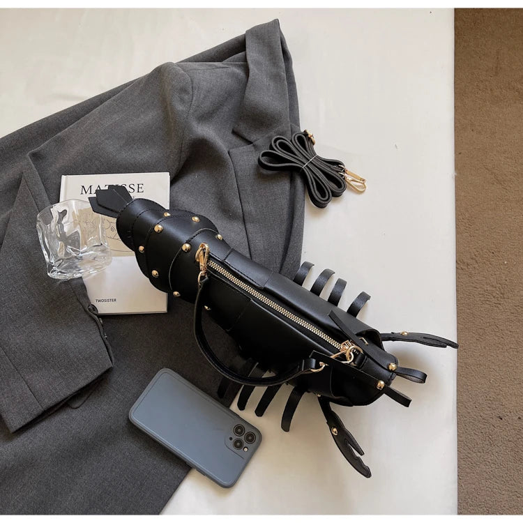 Lobster-Shaped PU Leather Crossbody Bag, Solid Color Rivet Shoulder Bag, Stylish Zipper Handbag for Work & Everyday Use