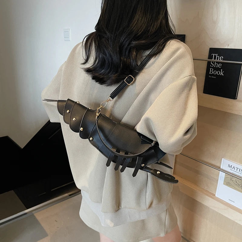 Lobster-Shaped PU Leather Crossbody Bag, Solid Color Rivet Shoulder Bag, Stylish Zipper Handbag for Work & Everyday Use