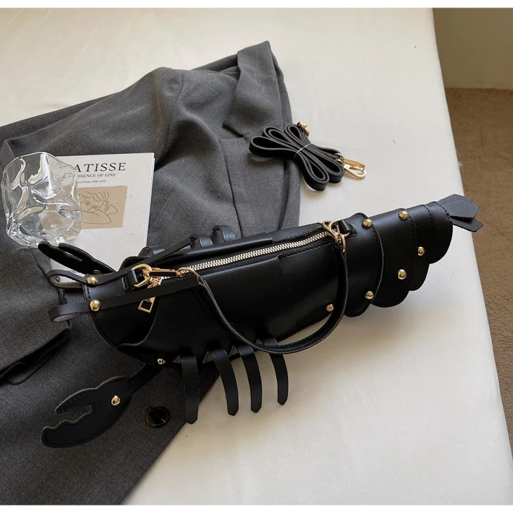 Lobster-Shaped PU Leather Crossbody Bag, Solid Color Rivet Shoulder Bag, Stylish Zipper Handbag for Work & Everyday Use