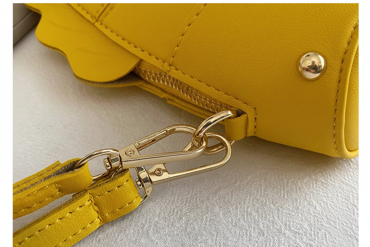 Close-up detail shot of a bright yellow handbag strap attached to gold-tone metal clips and a zipper, with Chinese text overlay reading '优质挂钩 THE DETAILS SHOW'.